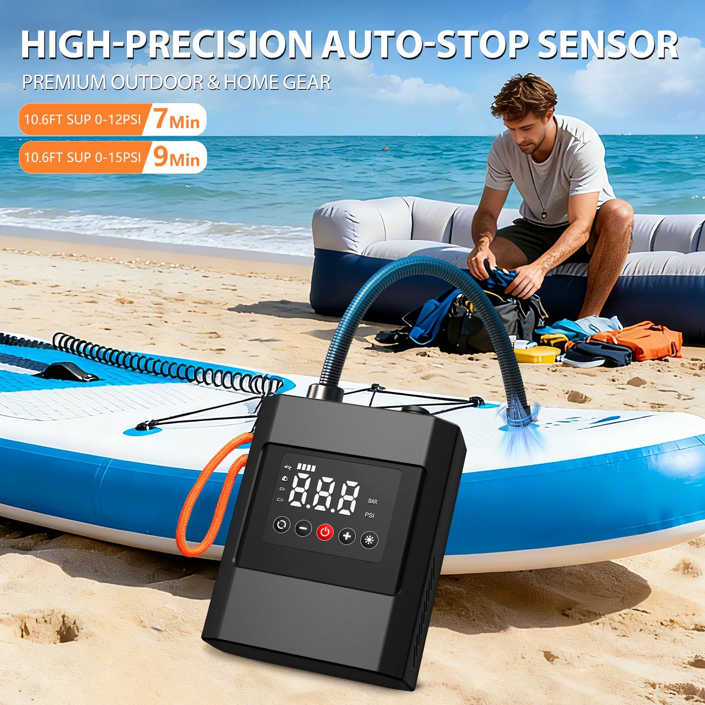 20PSI Electric SUP Pump with Battery & DC Dual Power, Portable Air Compressor for Paddle Board Kayak Boat Tent Inflatable