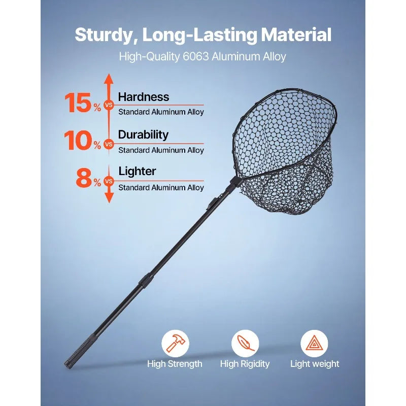 143cm/56.3in fishing net, foldable landing net with telescopic handle, lightweight and sturdy 6063 aluminum fishing gear, fishing net with anti slip telescopic rod handle, foldable fishing net, soft silicone fish friendly net