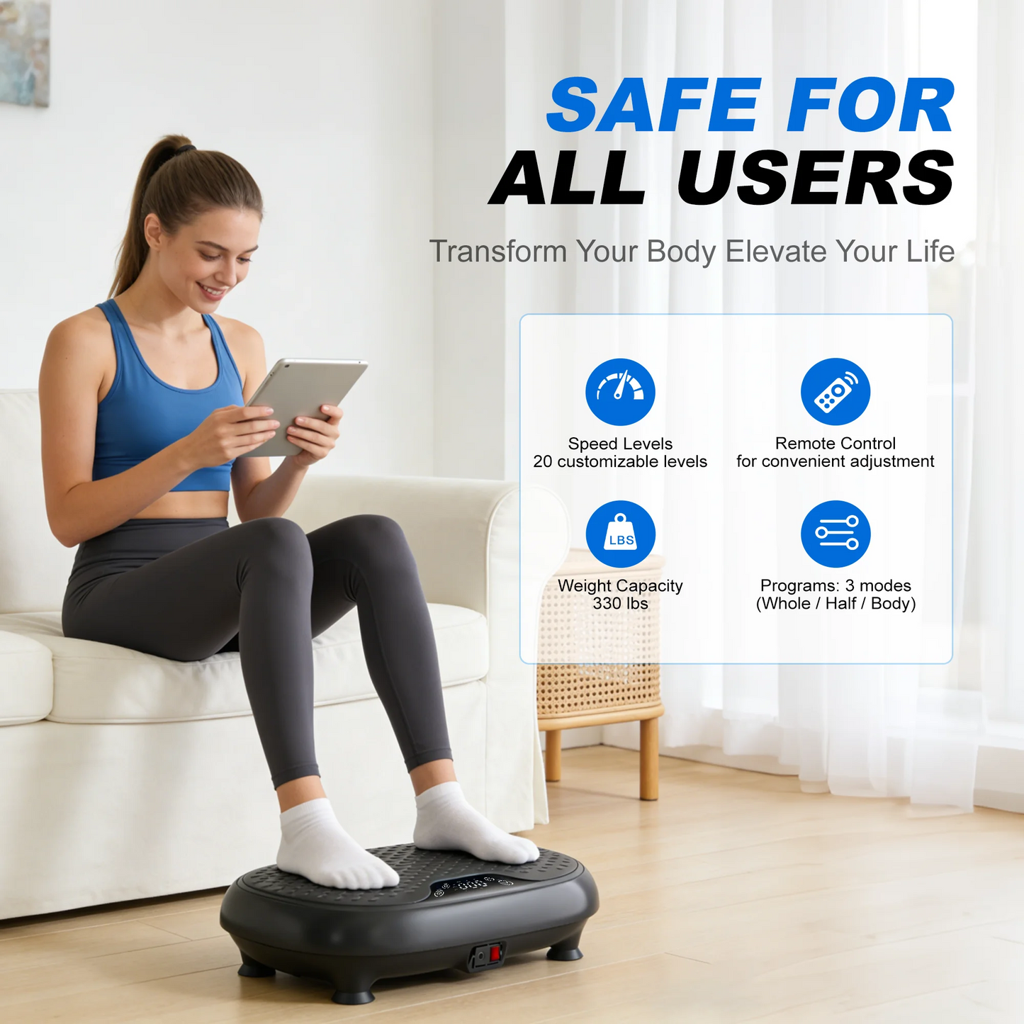 LEERCON Vibration Fitness Plate—features 20 speed settings a 330-pound weight capacity, and full-body vibration support; equipped with an LED display for calorie monitoring, this is a compact piece of home fitness equipment