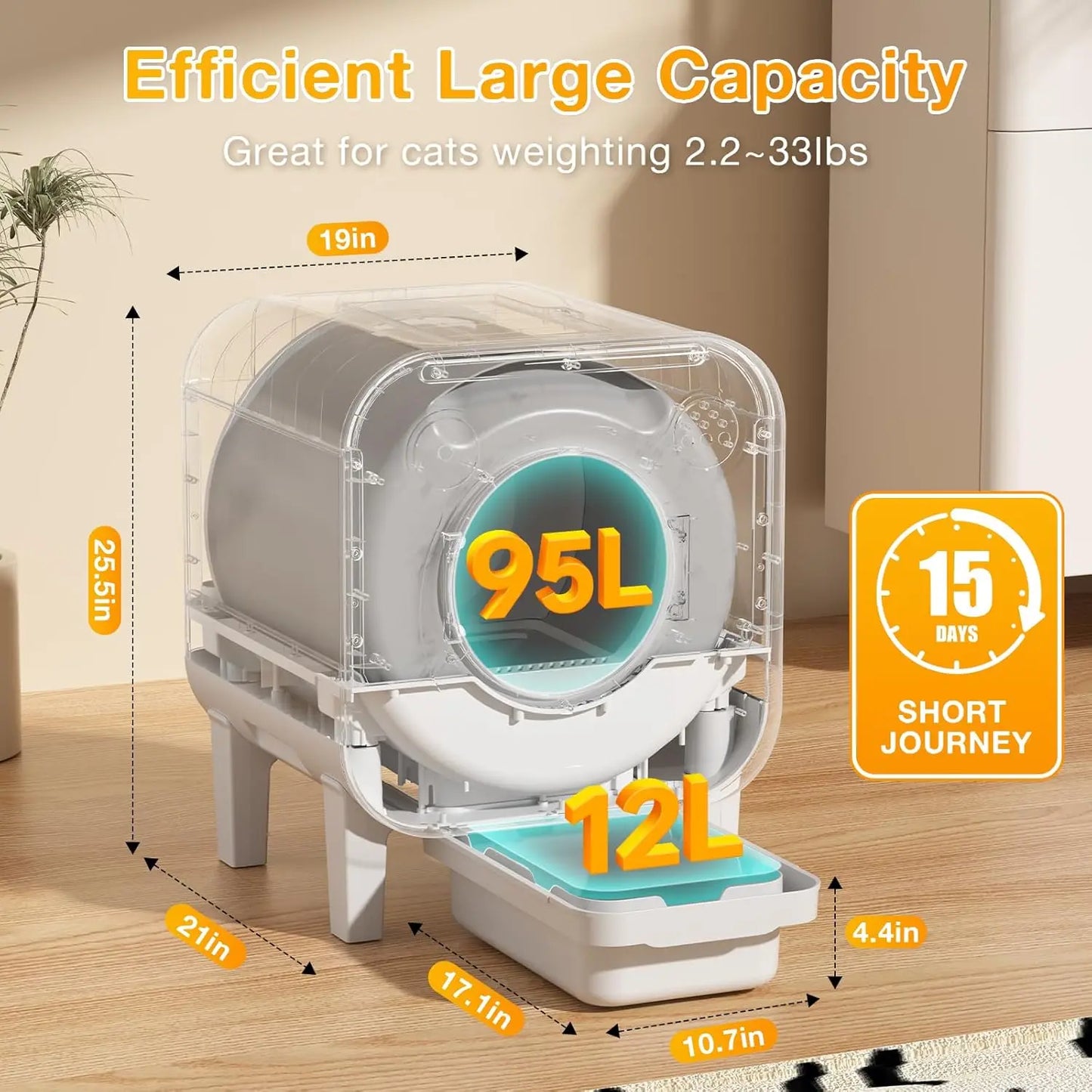 Extra Large Self Cleaning Litter Box, 75L+12L Waste Bin, App Control, Bags & Liners for Multi Cat, Custom