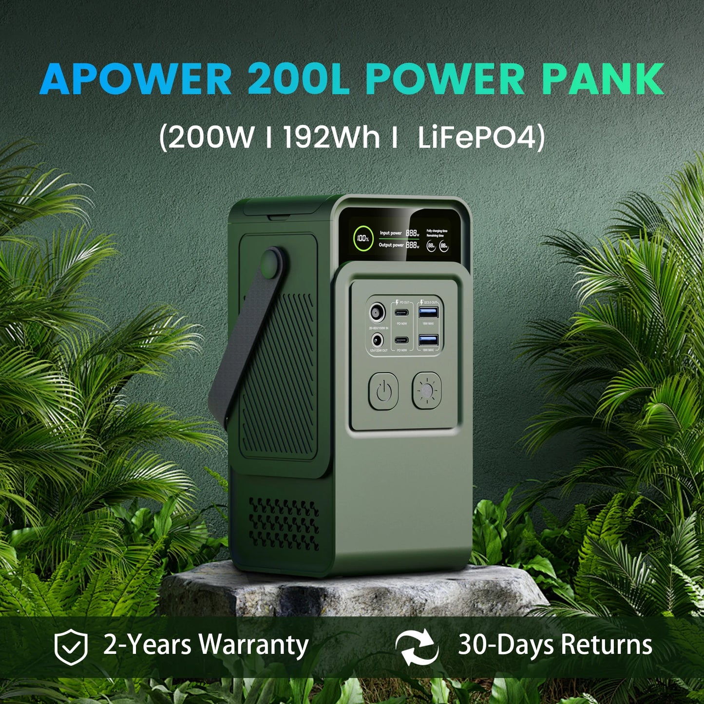CTOLITY 200W Power Station Camping 192Wh Lifepo4 Power Bank 60000mAh Portable Charger Battery Emergency Power USB TYPE-C Port