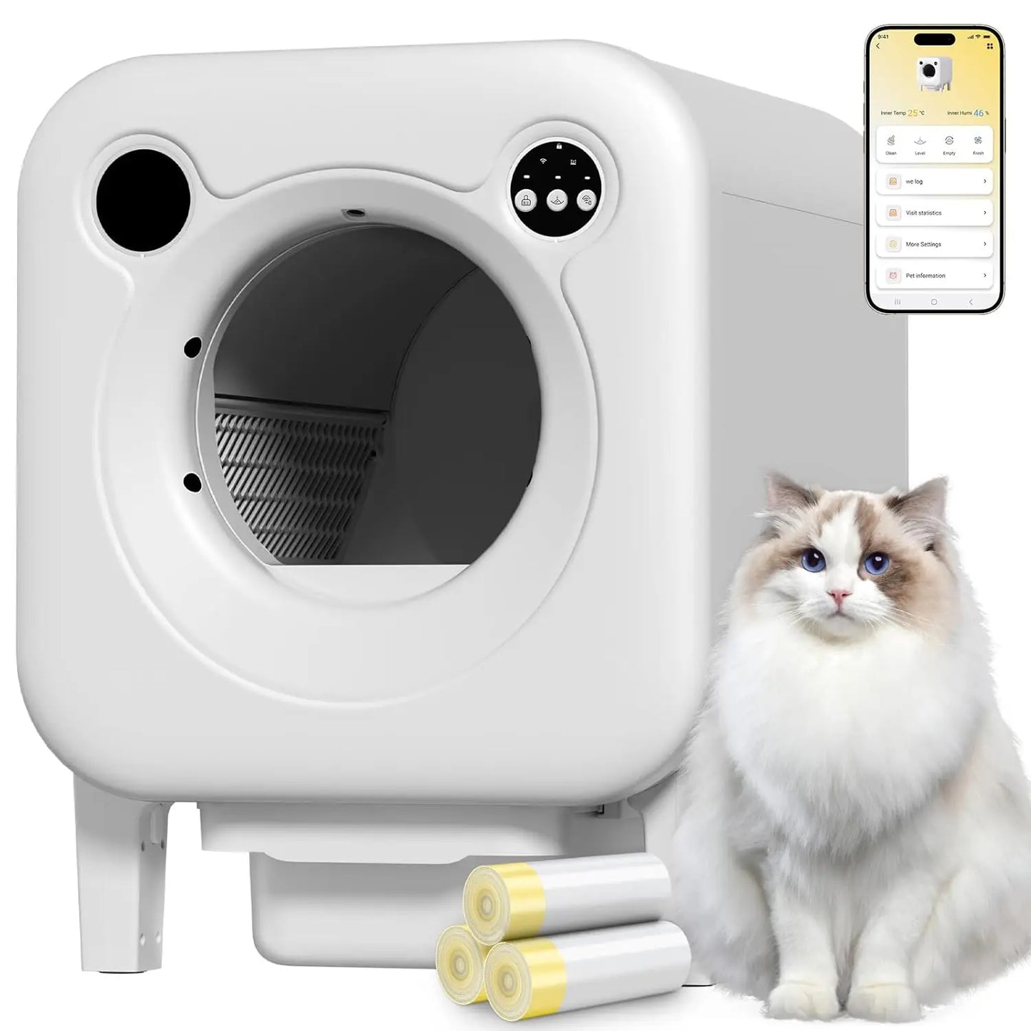 Extra Large Self Cleaning Litter Box, 75L+12L Waste Bin, App Control, Bags & Liners for Multi Cat, Custom