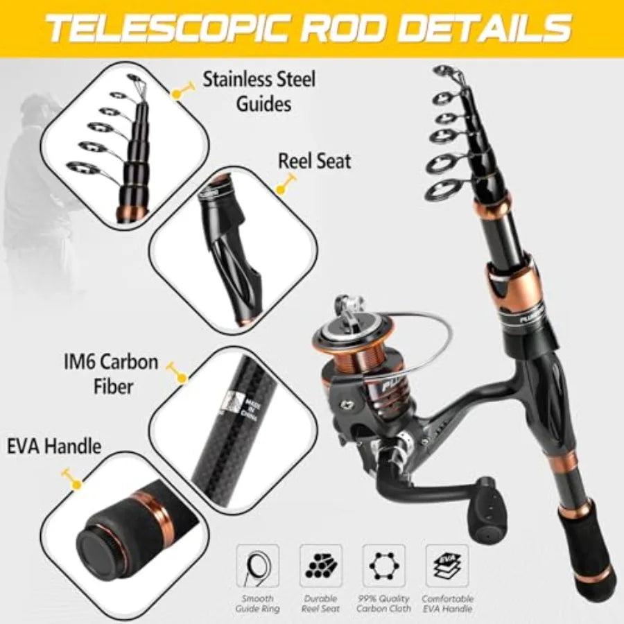 Fishing Rod and Reel Combos, Bronze Warrior Toray IM6 Carbon Matrix Telescopic Fishing Rod Pole, 12 +1 Shielded Bearings Stainl