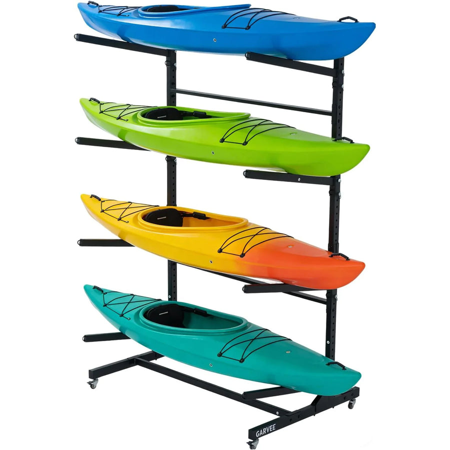 Freestanding Kayak Storage Rack 2/3/4 Tier Adjustable SUP Canoe Stand Heavy Duty Holder With Wheels Outdoor Garage Organizer