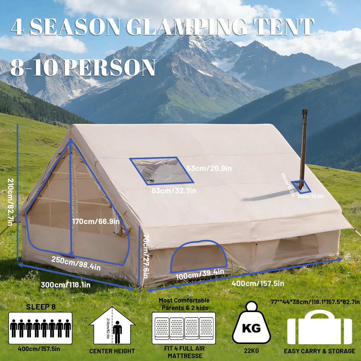 PAKICETUS Large Luxury Inflatable Tent with Manual Hand Pump, Easy Setup 4-Season Snow Resistant Spacious Family Tent, Polyester Air Tent for Camping Backyard Parties Wilderness Trips