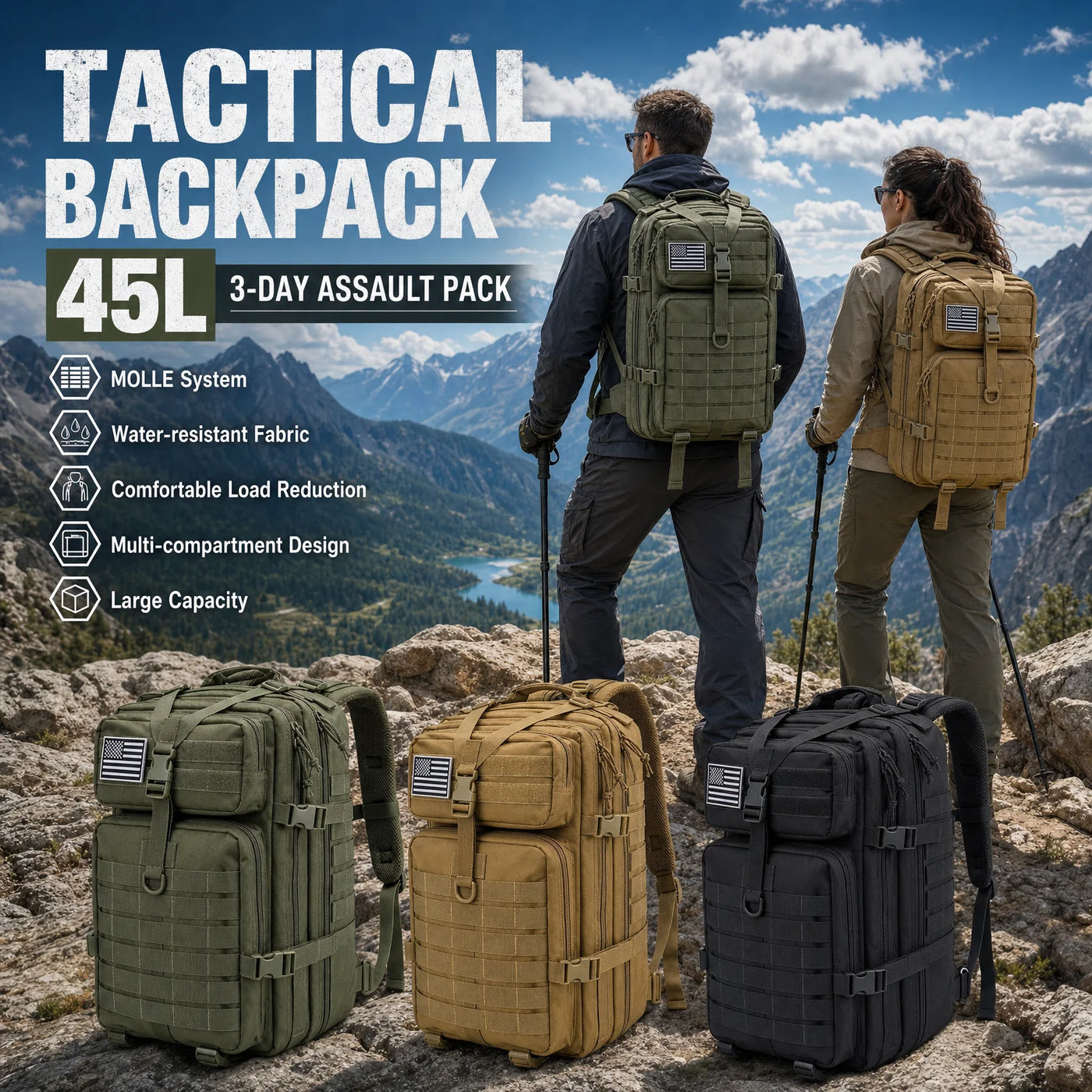 45L tactical hiking backpack featuring MOLLE system, water-resistant fabric, and large capacity for outdoor adventures.
