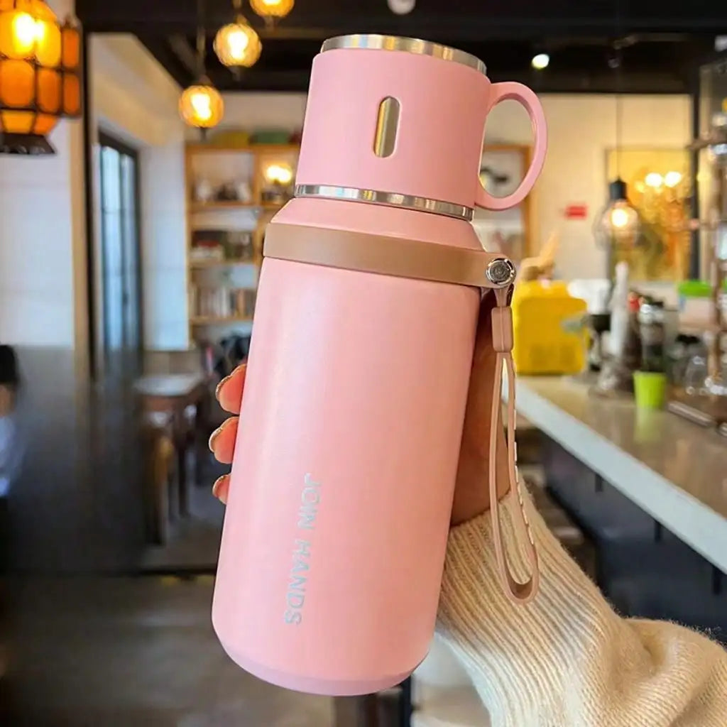 304 Stainless Steel Vacuum Insulated, Portable Thermal Water Bottle With Cup Lid & Carry Strap, Leakproof Hot Cold Flask For Travel Outdoor Office