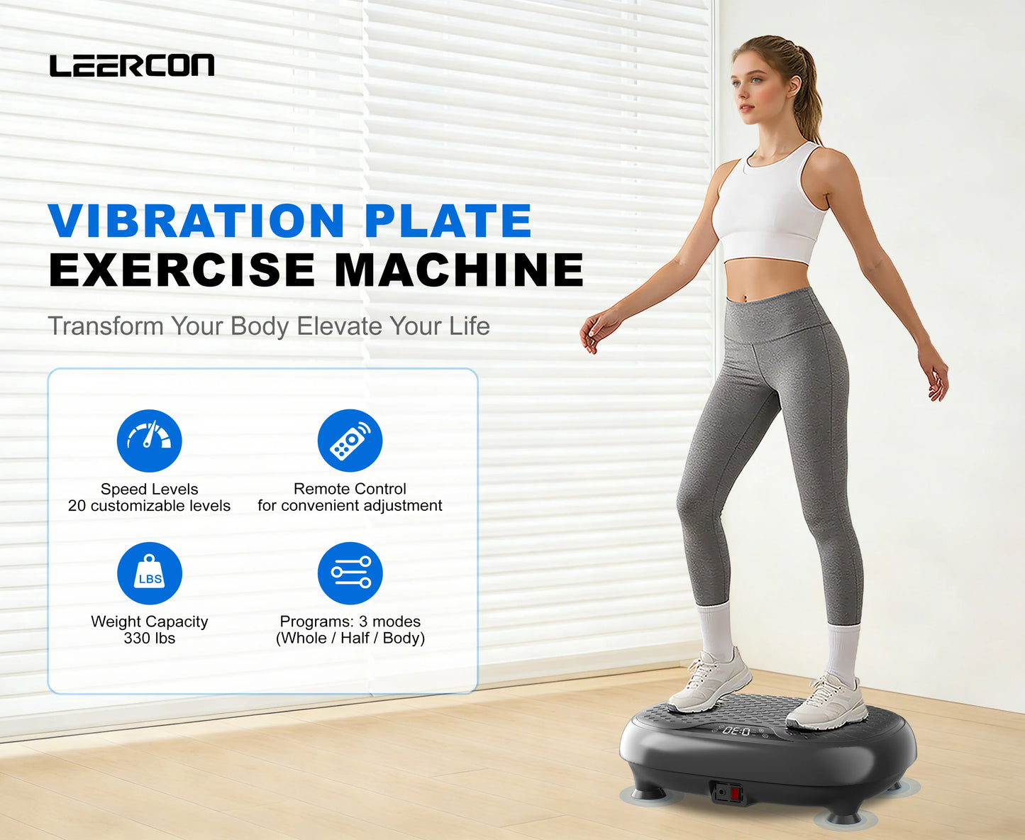 LEERCON Vibration Fitness Plate—features 20 speed settings a 330-pound weight capacity, and full-body vibration support; equipped with an LED display for calorie monitoring, this is a compact piece of home fitness equipment