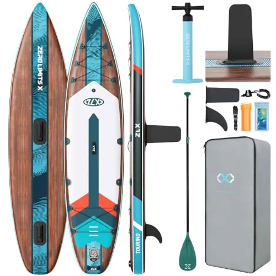 Touring Inflatable Paddle Board, Extra Wide, Wood-Look Blue, with Paddle & Pump