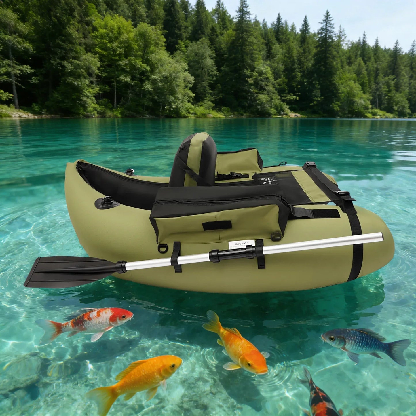 Inflatable Fishing Boat Waterproof Green 130kg/286.6lbs with Hand Air Pump for Fishing, Rafting, Exploring, and Other Activities