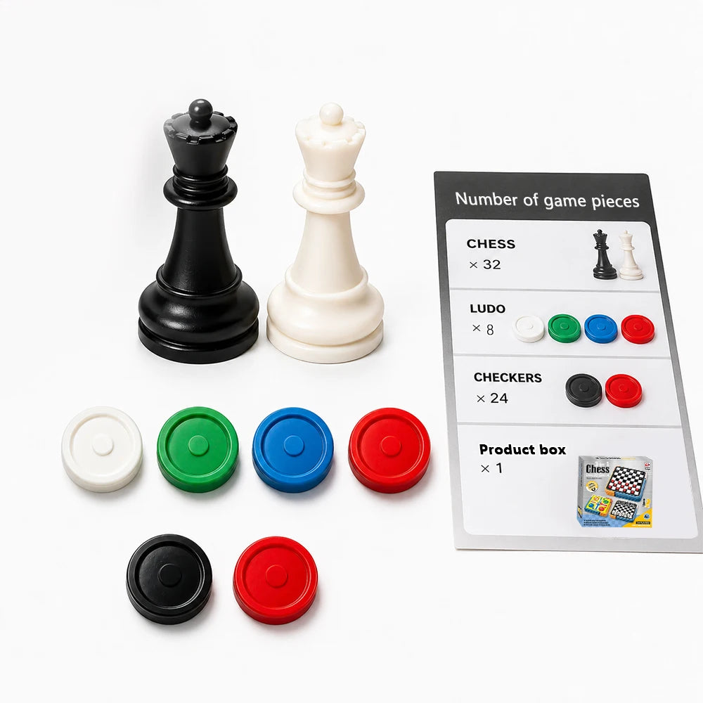 Portable 3‑in‑1 Chess Checkers Ludo Board Game Set Folding Storage Travel Family Puzzle Game, 2‑4 Players Educational Brain Development Toy, Surprise Holiday Gift for Kids Adults Birthday Halloween Christmas Thanksgivin