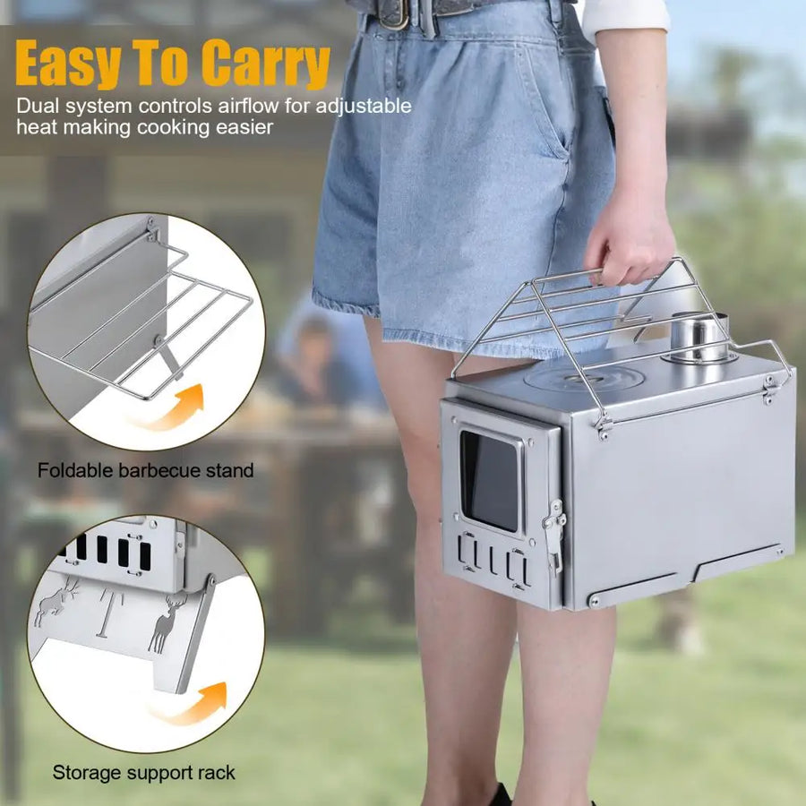 Wood Burning Camping Stove with 5 Pipes – Outdoor Tent Heating Stove