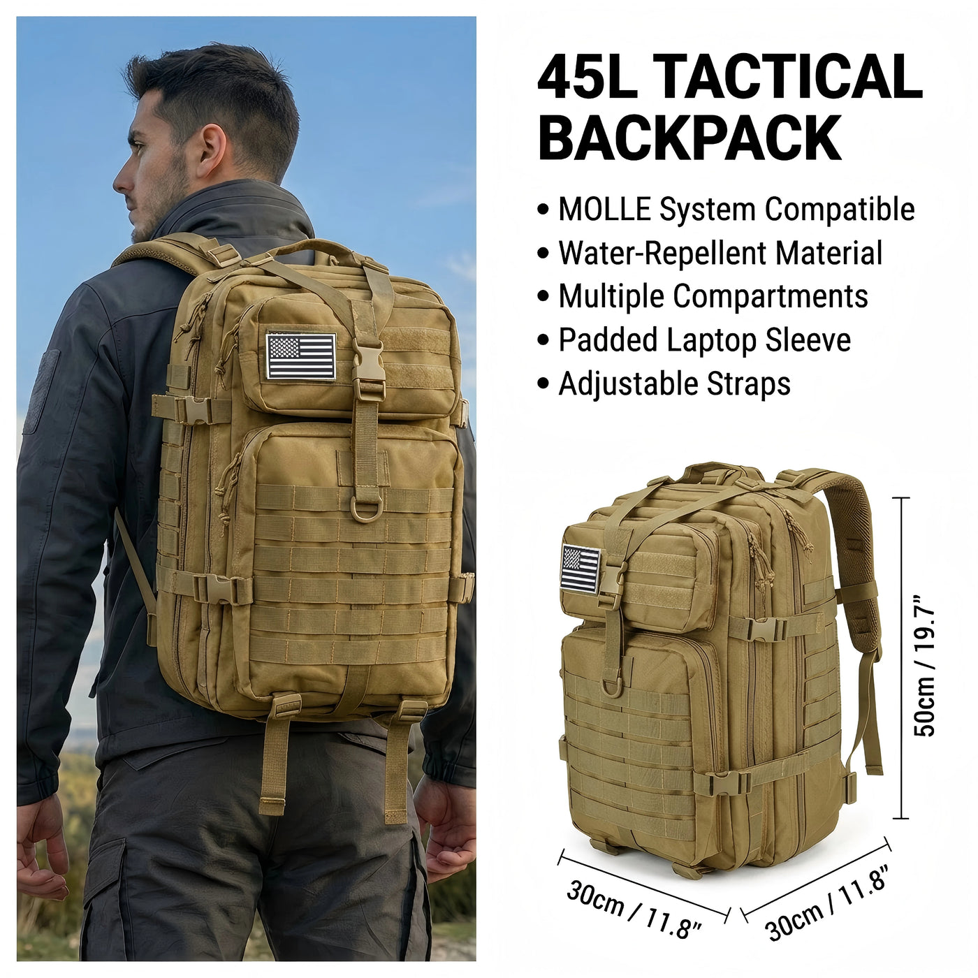 45L Tactical Hiking Backpack – MOLLE Water Resistant Rucksack for Camp