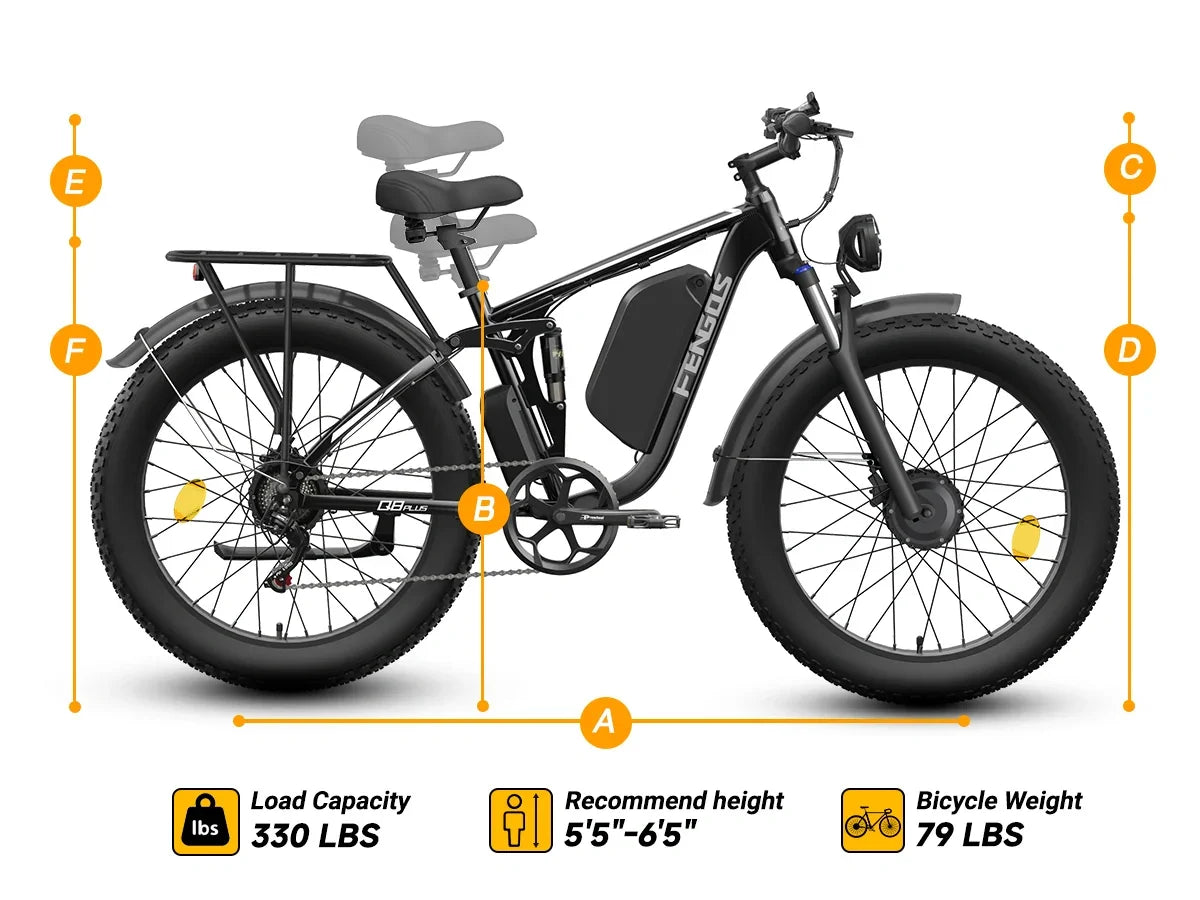 FENGQS NEW Q8PLUS 5000W adult electric bicycle, 45MPH dual motor - Ebike 52V 23AH 1196WH electric bicycle, 100 mile long distance bicycle, fully suspended 26 inch fat tires, off-road men's dual hydraulic disc brakes, Ebike -