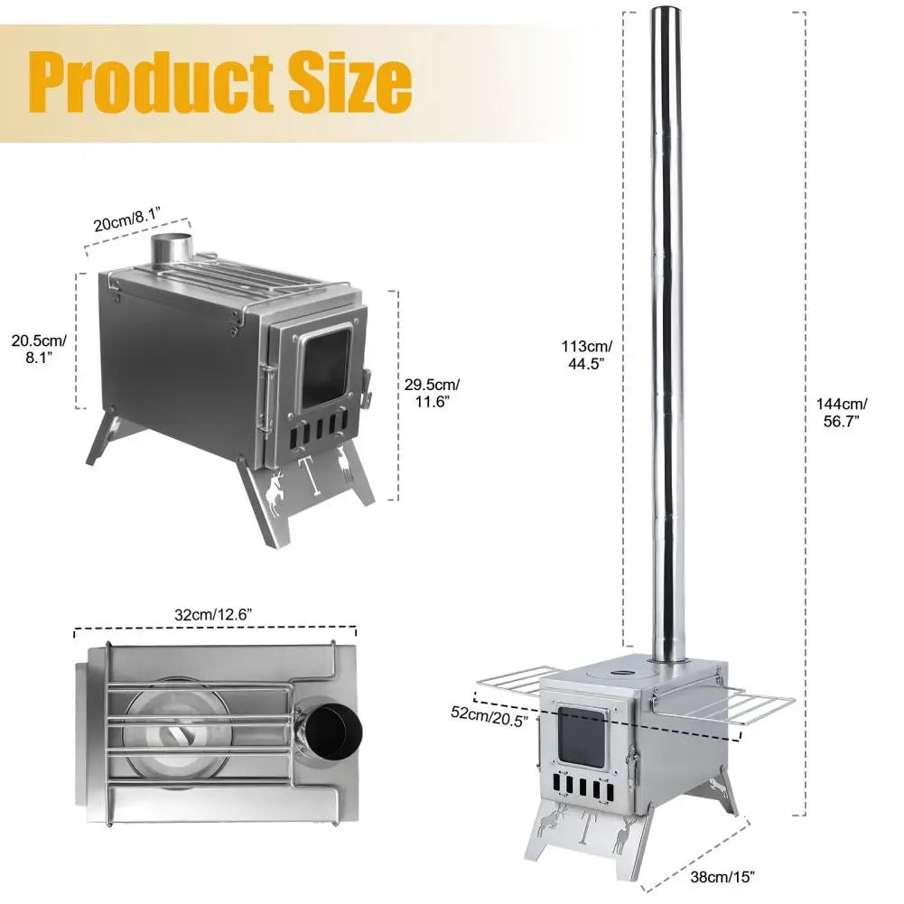 Wood Burning Camping Stove with 5 Pipes – Outdoor Tent Heating Stove