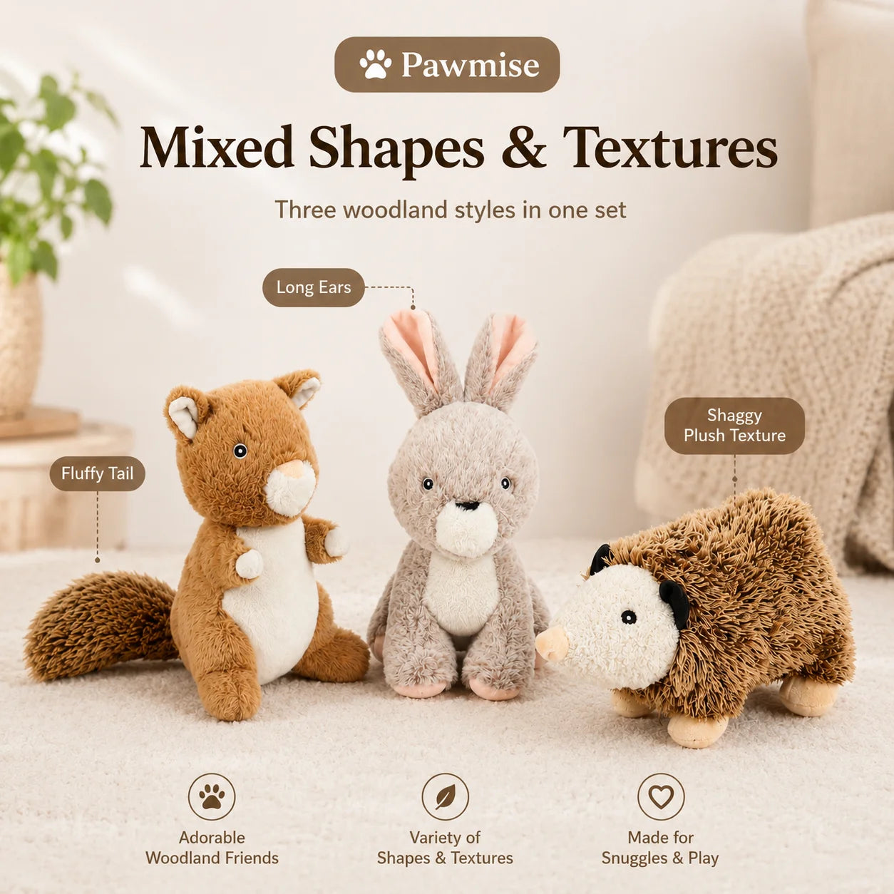 3-Piece Squeaky Plush Pet Toys Set - Rabbit, Squirrel & Mouse - Durable Crinkle Dog & Cat Toys for Small Breeds, Puppies & Kittens - Soft Chew Toys for Anxiety Relief & Interactive Play
