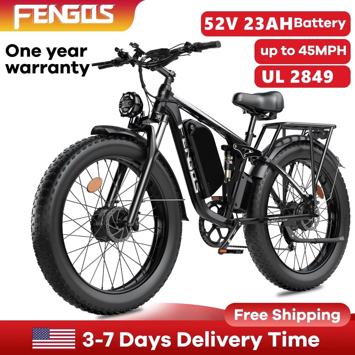 FENGQS NEW Q8PLUS 5000W adult electric bicycle, 45MPH dual motor - Ebike 52V 23AH 1196WH electric bicycle, 100 mile long distance bicycle, fully suspended 26 inch fat tires, off-road men's dual hydraulic disc brakes, Ebike -