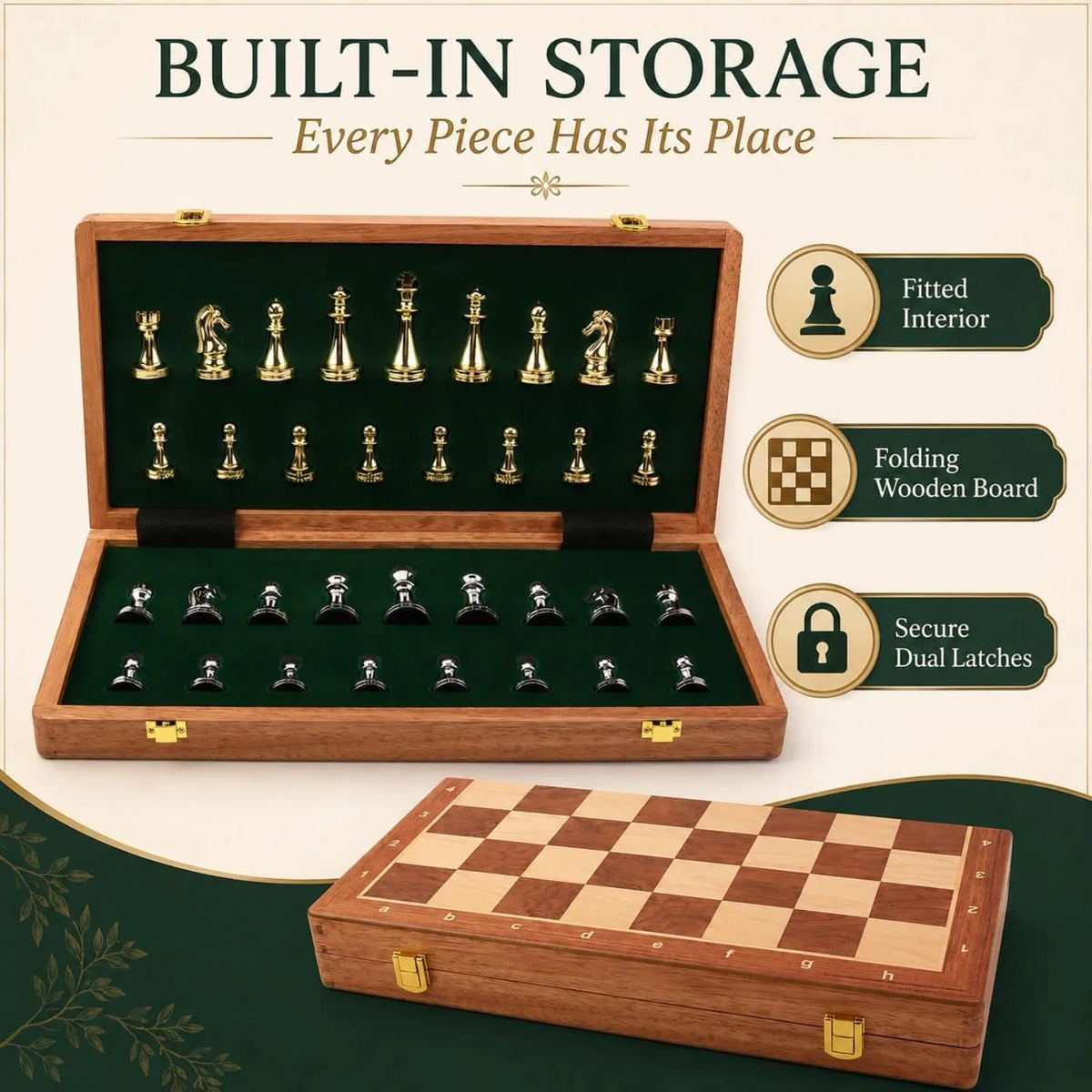 15" Metal Chess Set with Folding Wooden Board & Zinc Alloy Pieces