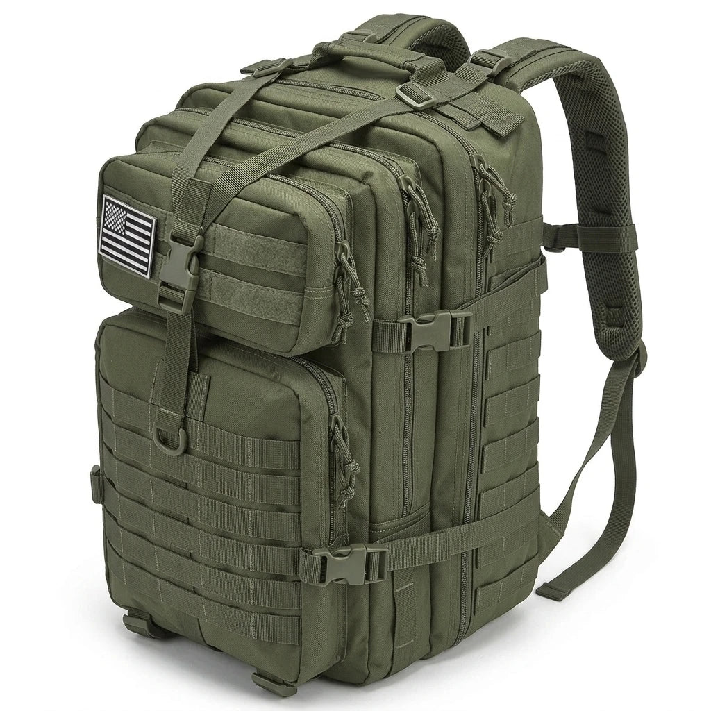 45L tactical hiking backpack with MOLLE system, designed for outdoor adventures and water resistant features.