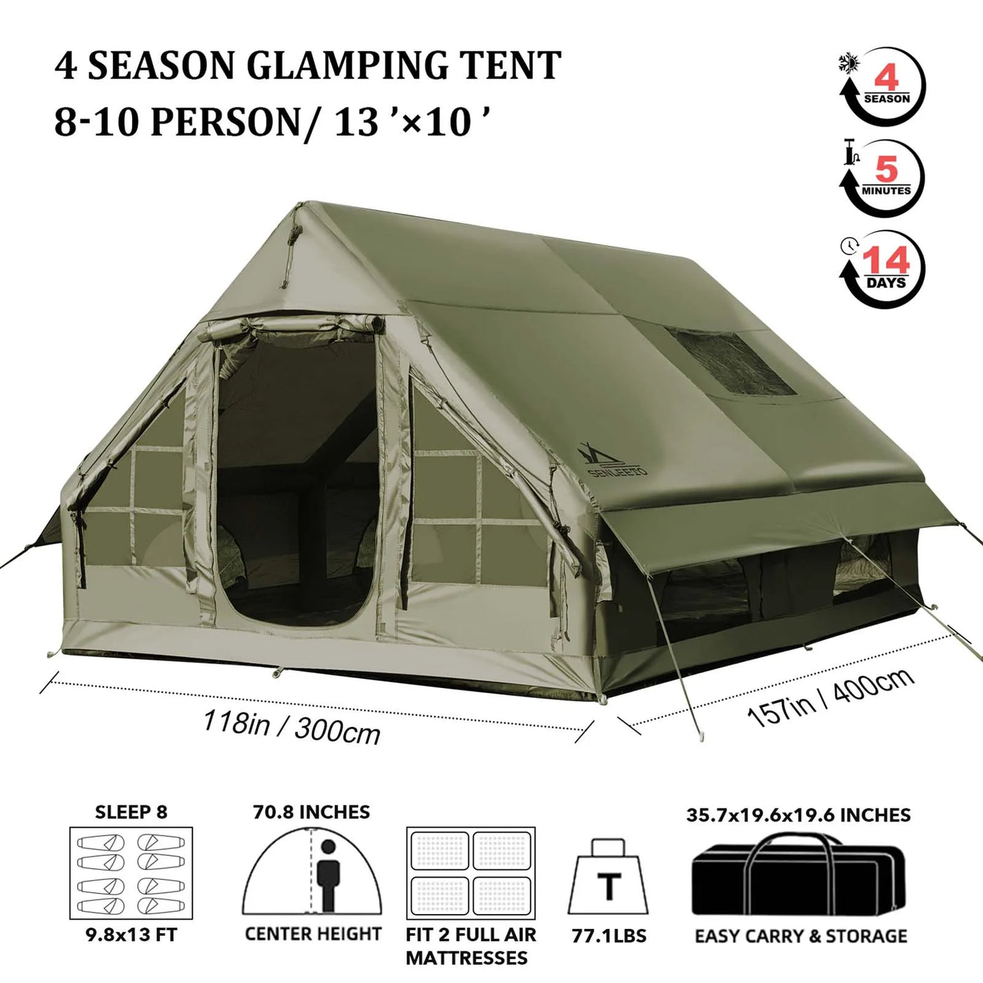 Inflatable Glamping Tent 4/6/8 Person with Skylight,4 Season Waterproof Inflatable Hot Tent with Stove Jack&AC Vent,Easy Setup Air Tent with High Pressure Pump