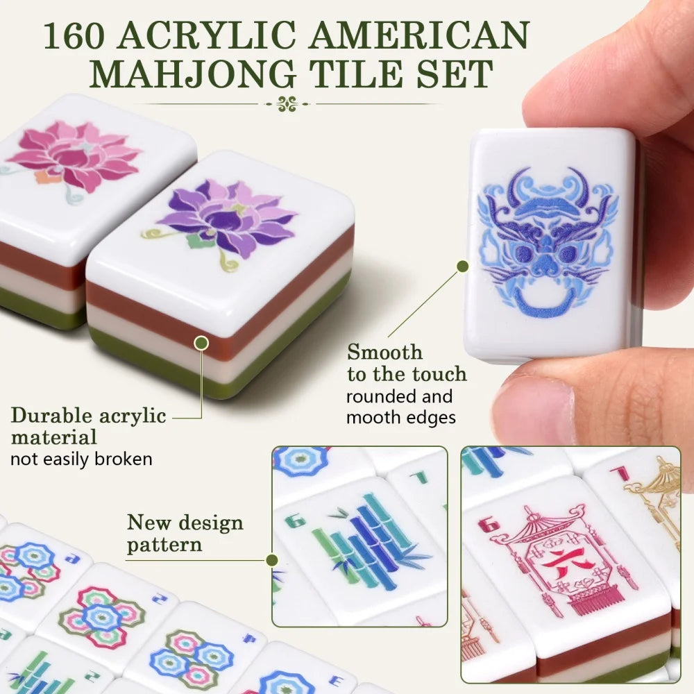 Olive Green Luxury Engraved Mahjong 160 Tiles 4-Layer Acrylic American Mahjong Set Travel Mah Jongg Sets for Adult Board Games