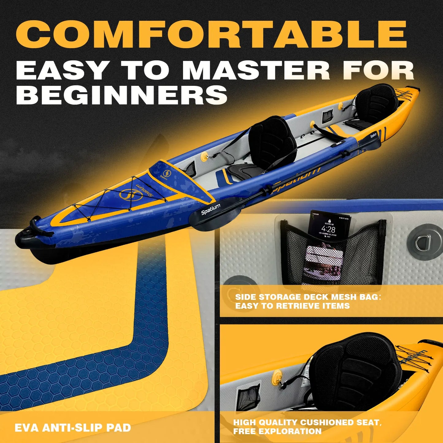Spatium Inflatable Kayak Canoe Rowing Boat Fishing OEM Drop Stitch 2-3 Person Double Seats Detachable Water Sports