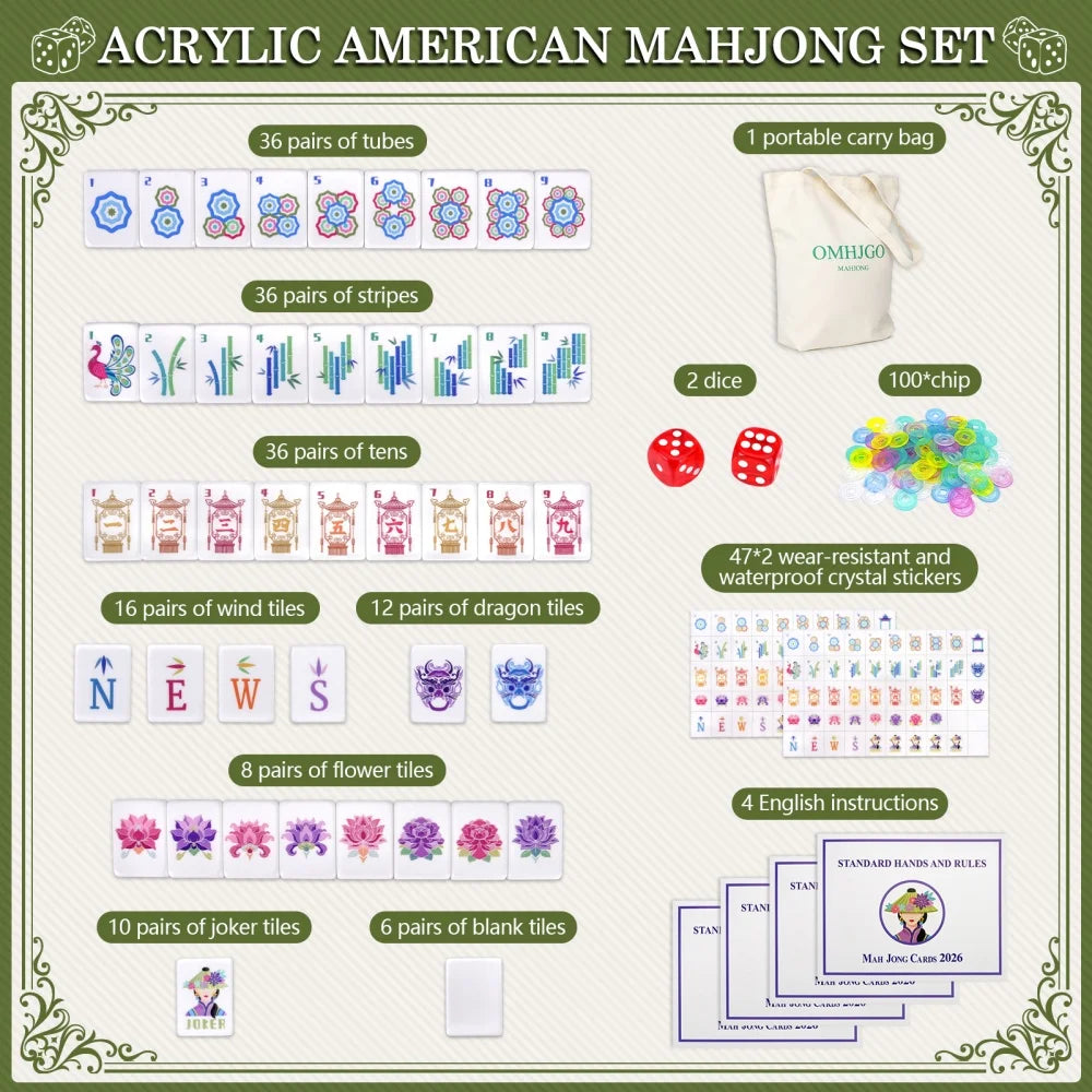 Olive Green Luxury Engraved Mahjong 160 Tiles 4-Layer Acrylic American Mahjong Set Travel Mah Jongg Sets for Adult Board Games