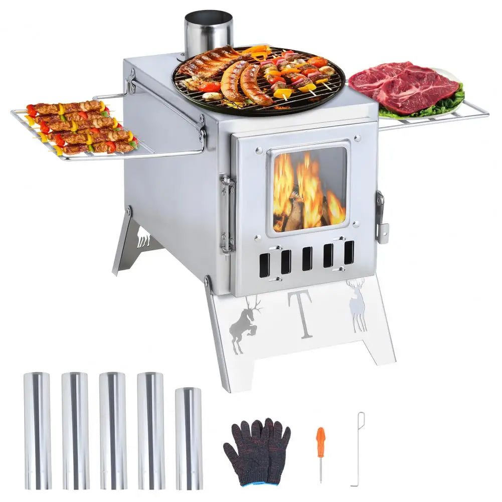 Wood Burning Camping Stove with 5 Pipes – Outdoor Tent Heating Stove