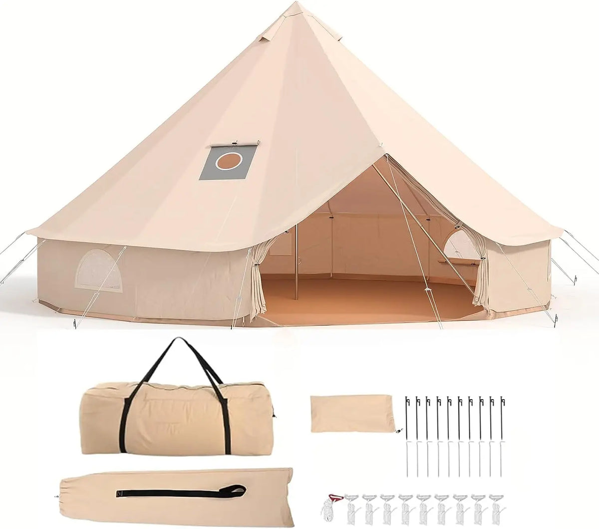 Tacleekii Bell Tent Glamping Tent with Stove Jack, PVC Base, Mesh Window, 4 Season Use, Yurt Hot Tents for Camping, Family, Party