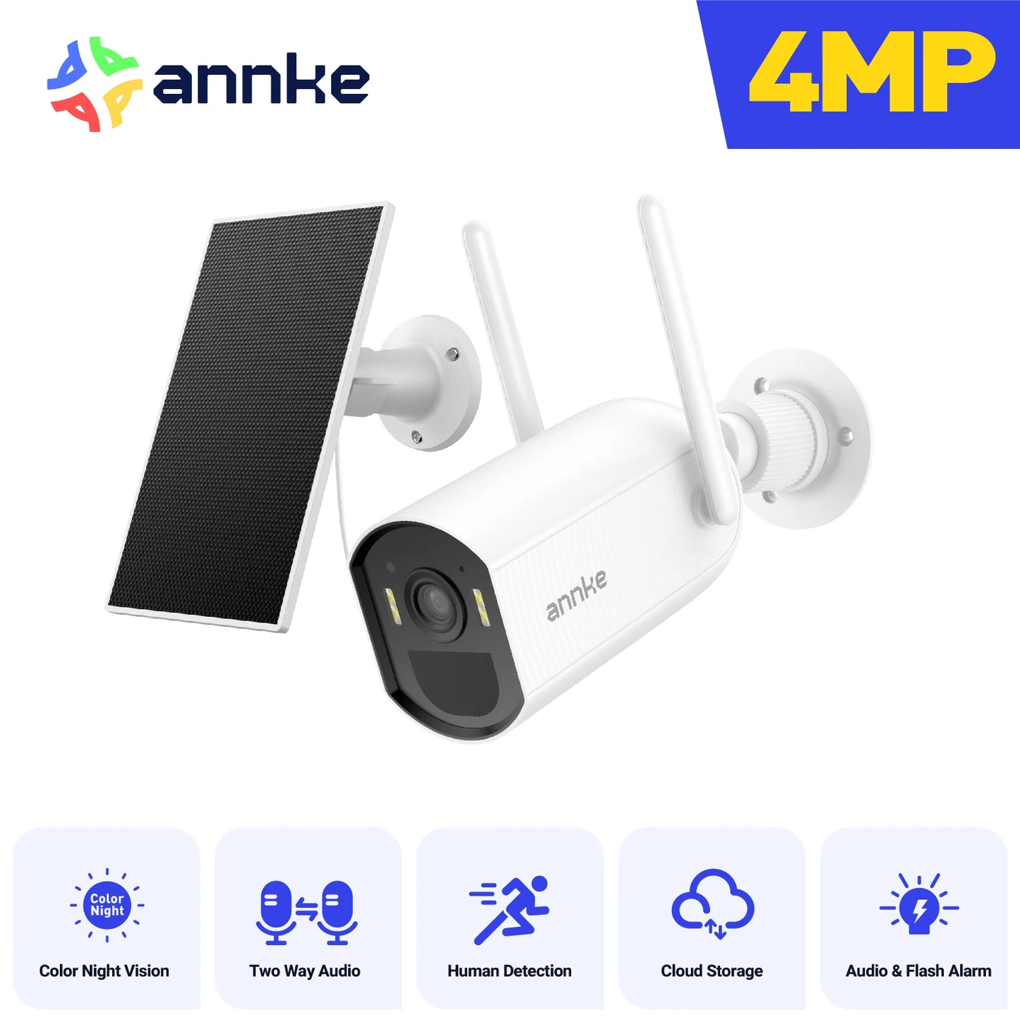 ANNKE 4MP Solar Battery Powered Wireless Security Camera 4MP Color Night Vision 2.4Ghz WiFi PIR Motion Outdoor IP Camera