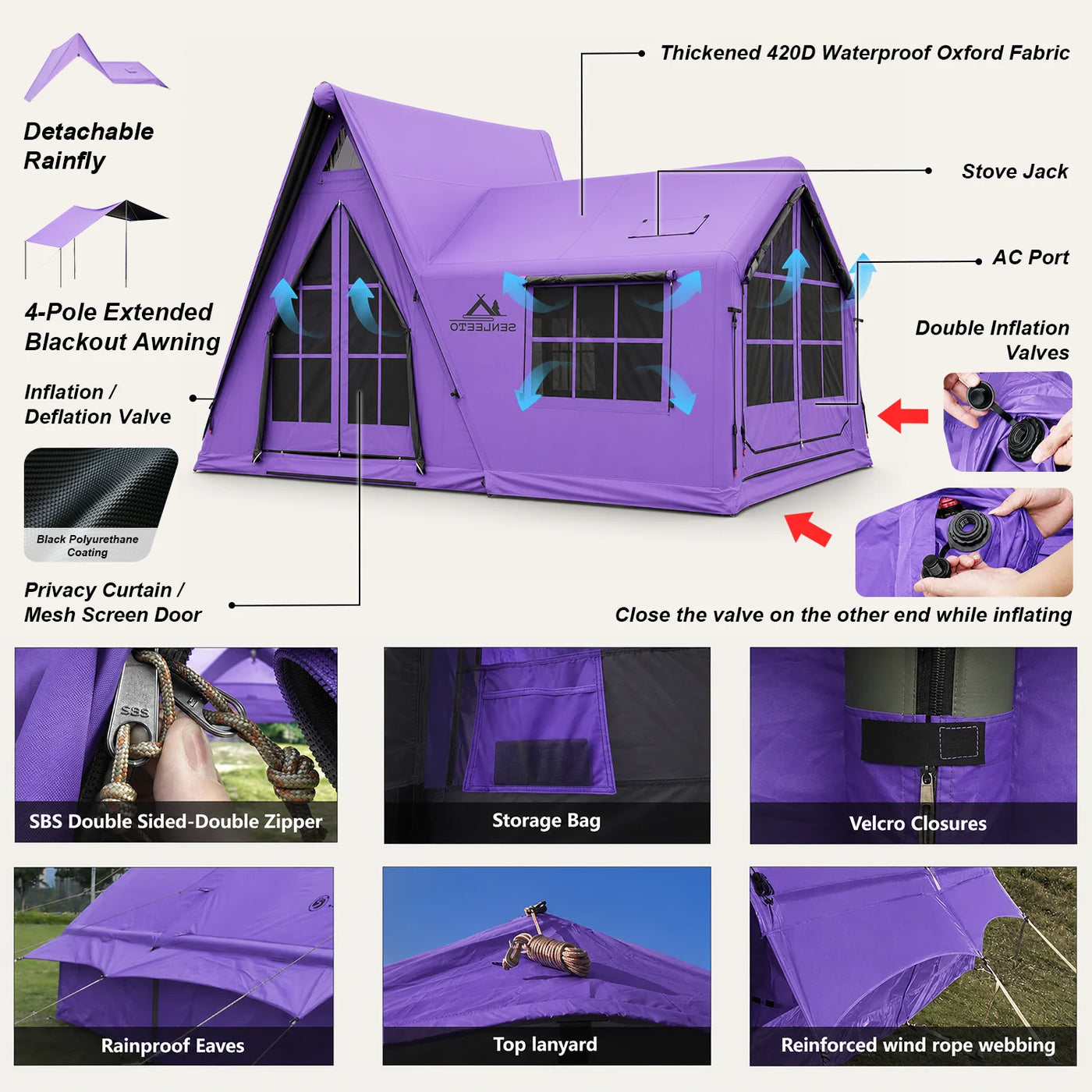 SENLEETO Large Inflatable Camping Tent 4-6 Person with Rain Fly/Canopy,Black Coating Glamping Hot Tent with Stove Jack AC Vent