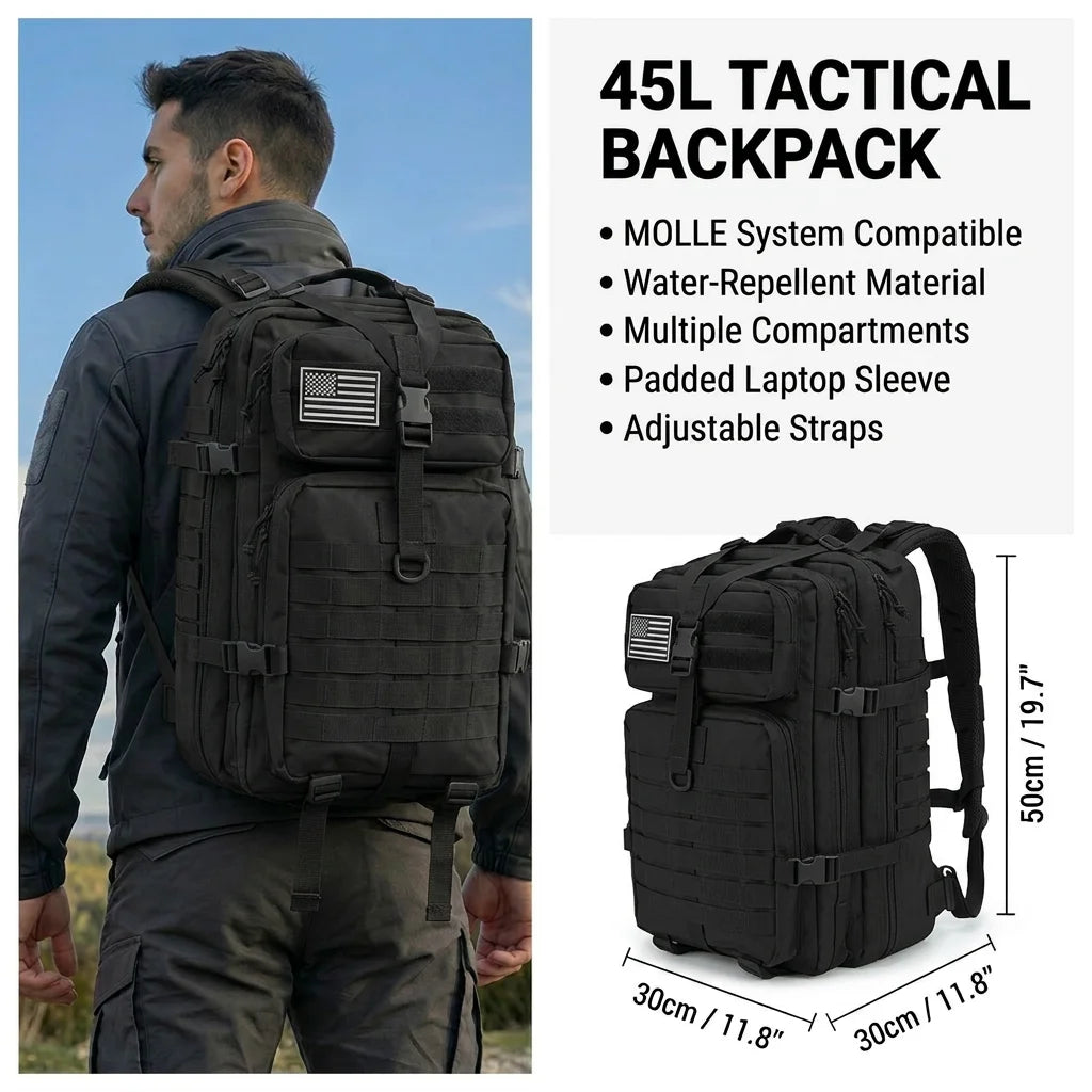 45L Tactical Hiking Backpack – MOLLE Water Resistant Rucksack for Camp
