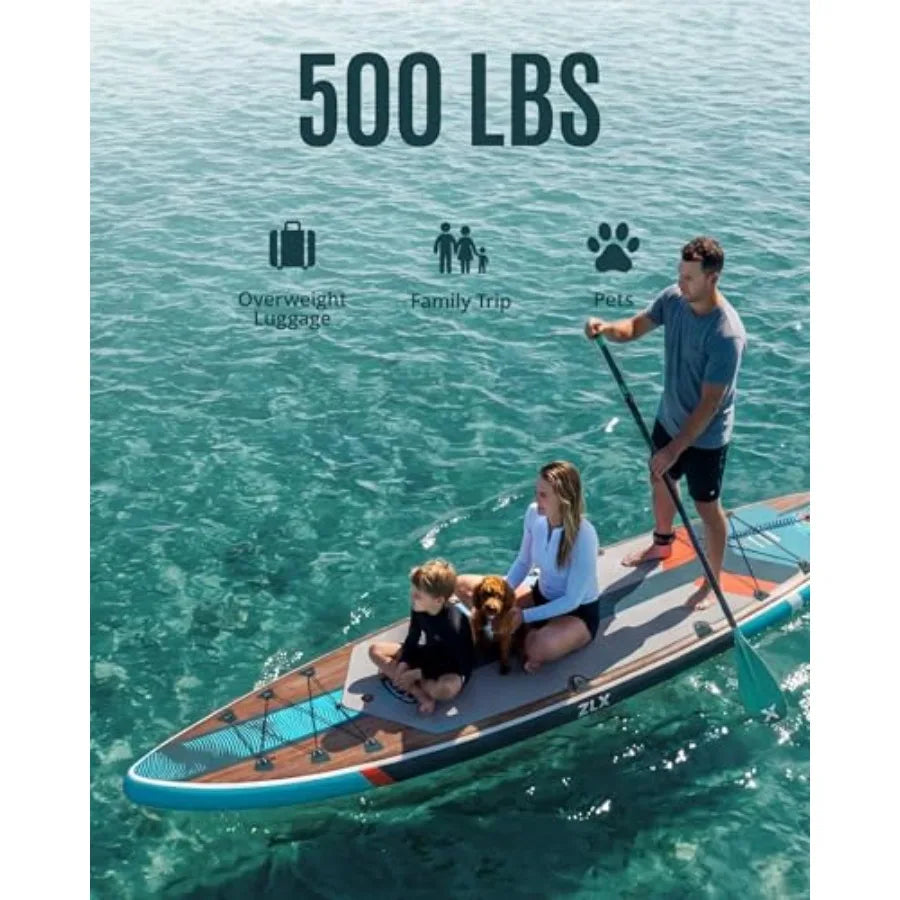 Touring Inflatable Paddle Board, Extra Wide, Wood-Look Blue, with Paddle & Pump