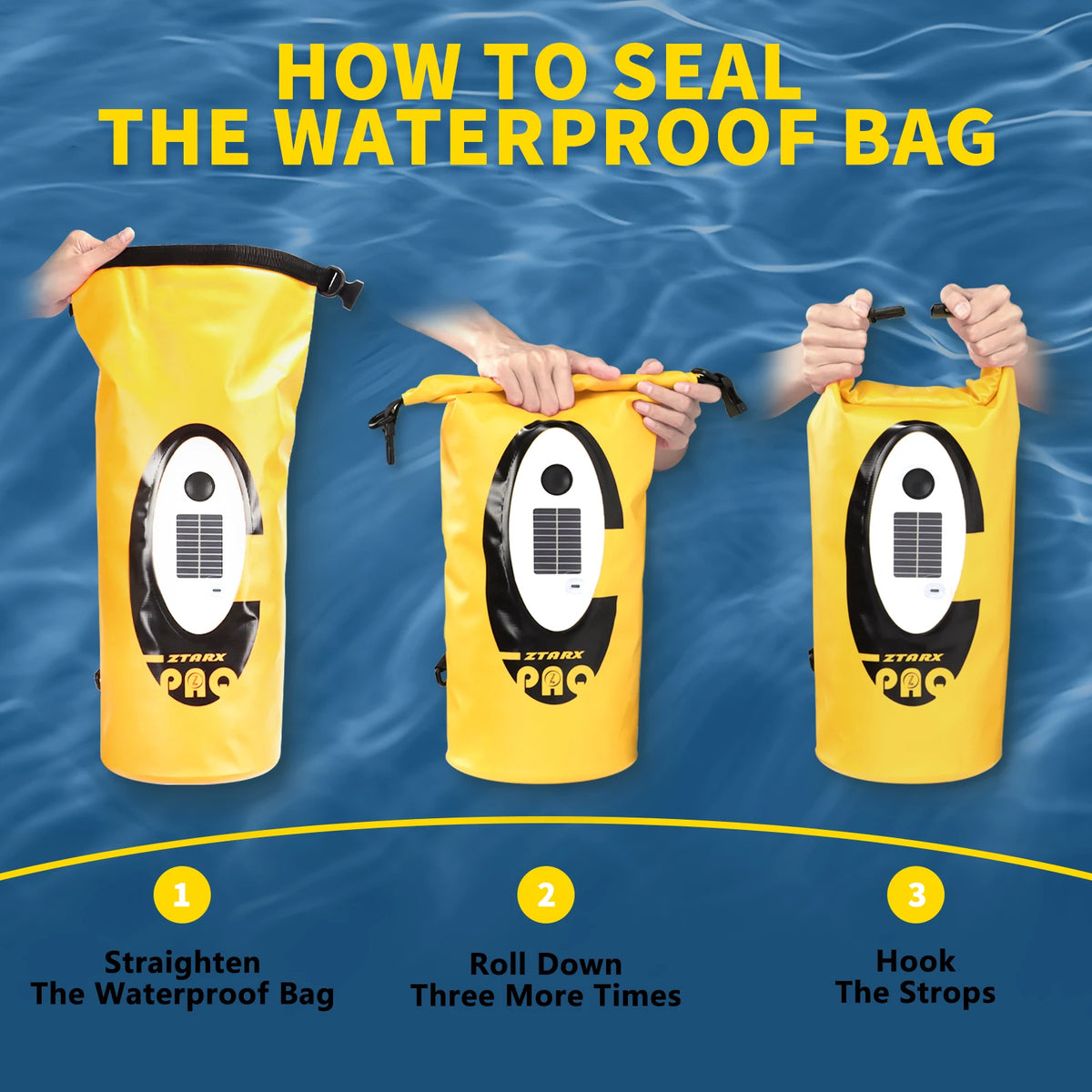 Solar Waterproof Dry Bag with Bluetooth Speaker, RGB Light & USB C