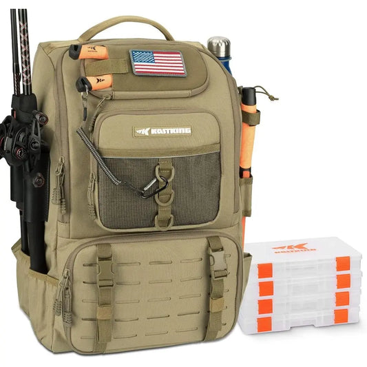 Tackle Backpack with Rod Holder, 4 Tackle Boxes, 40/26L Storage for Fishing Gear and Equipment