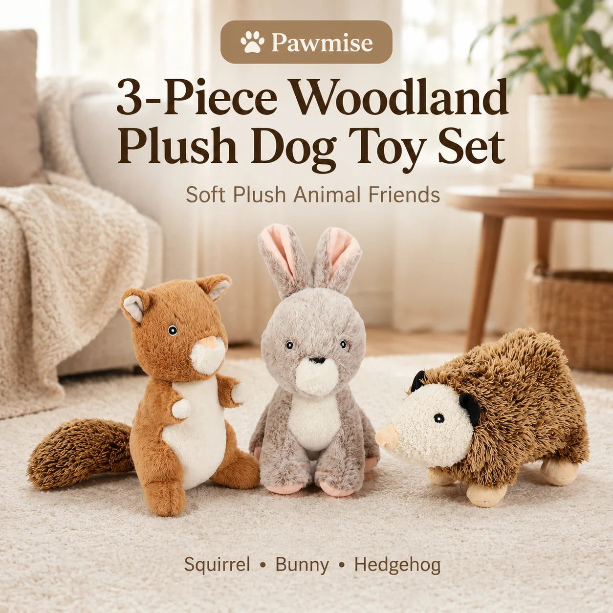 3-Piece Squeaky Plush Pet Toys Set - Rabbit, Squirrel & Mouse - Durable Crinkle Dog & Cat Toys for Small Breeds, Puppies & Kittens - Soft Chew Toys for Anxiety Relief & Interactive Play