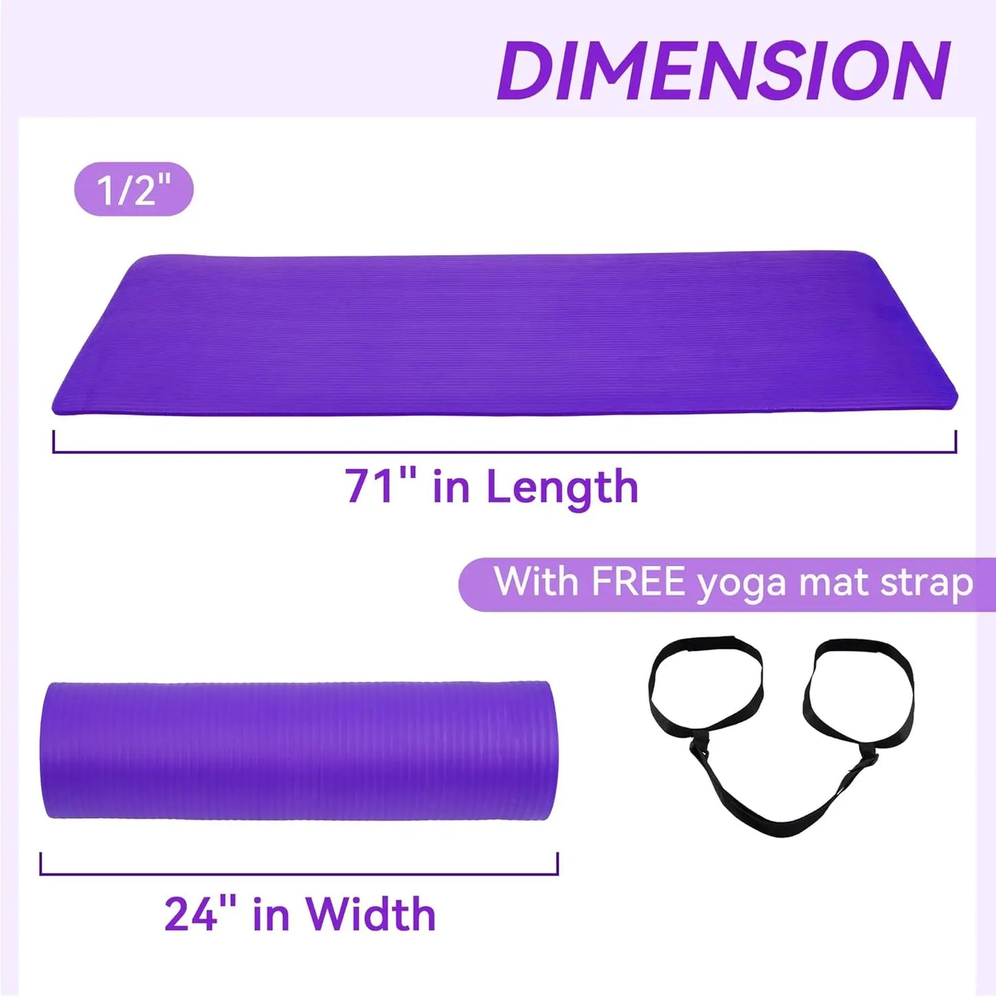 Yoga Mat 1/2-Inch Extra Thick High Density with Carrying Strap for Pilates Gym Workout