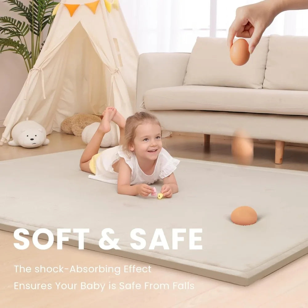 1.3" Thick Memory Foam Play Mat for Floor, Soft Coral Velvet, Extra Large Non-Slip for Crawling & Yoga, Tatami Style (Beige)