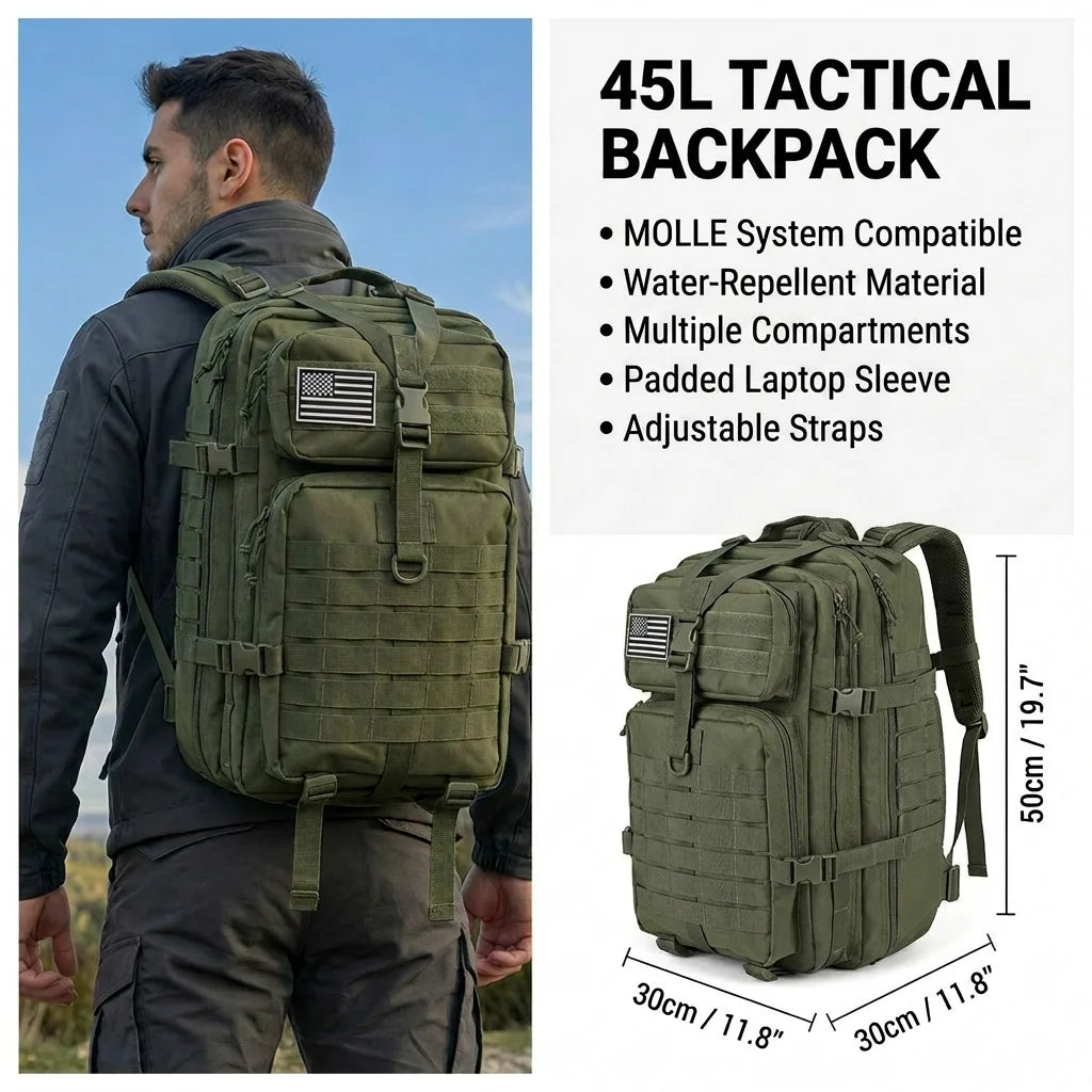 45L Tactical Hiking Backpack – MOLLE Water Resistant Rucksack for Camp