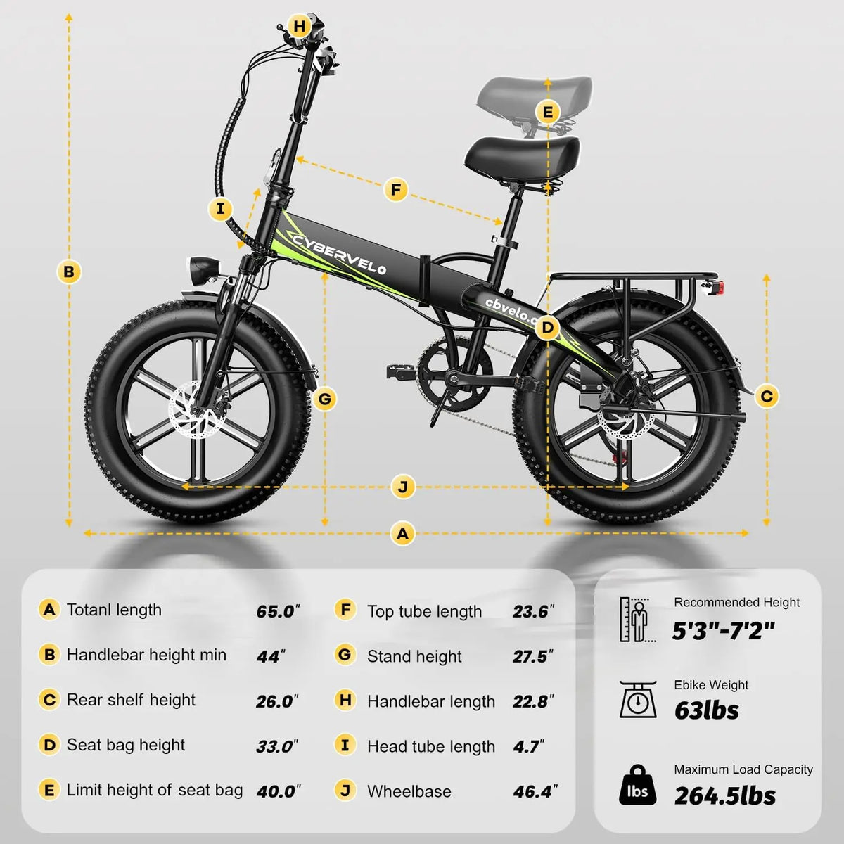 Cybervelo EK5 20" Folding Fat Tire Electric Bike, 1000W Peak, 48V Battery