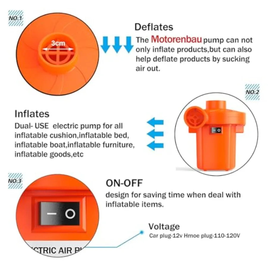 Electric Air Pump for Inflatables, Portable Quick-Fill Air Pump with 3 Nozzles, 110-120V, Inflator and Deflator Pumps for Outdo