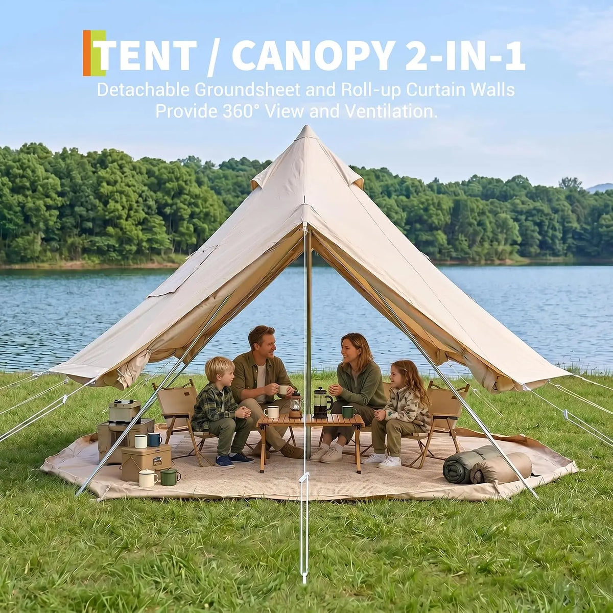 Tacleekii Bell Tent Glamping Tent with Stove Jack, PVC Base, Mesh Window, 4 Season Use, Yurt Hot Tents for Camping, Family, Party