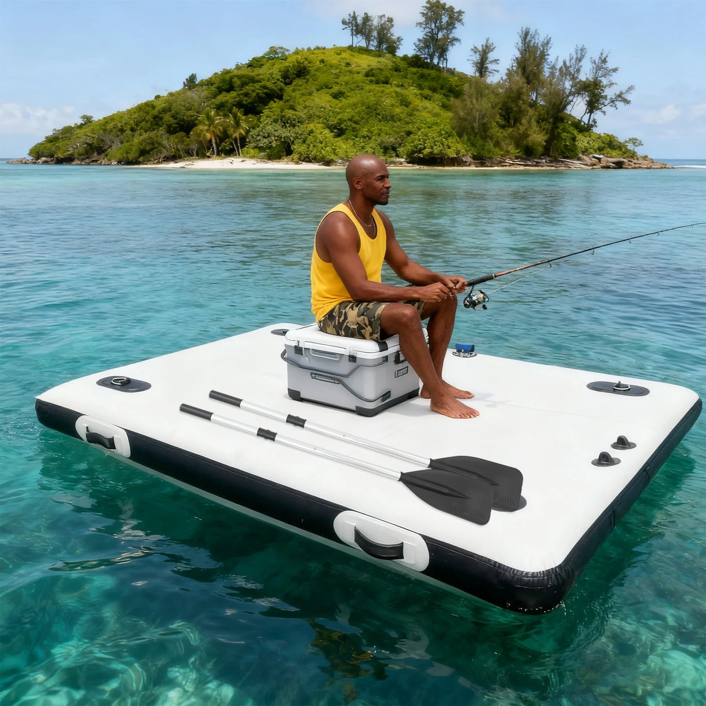 Inflatable Boats, Canoe Trolley Cart, Kayak, 2m Folding Floating Fishing Platform for Outboard Motor, PVC Strong Raft Dinghy, Portable Fishing Dock with Double-Action Pump, Stainless D Rings, 400kg Load, Easy Storage for Outd