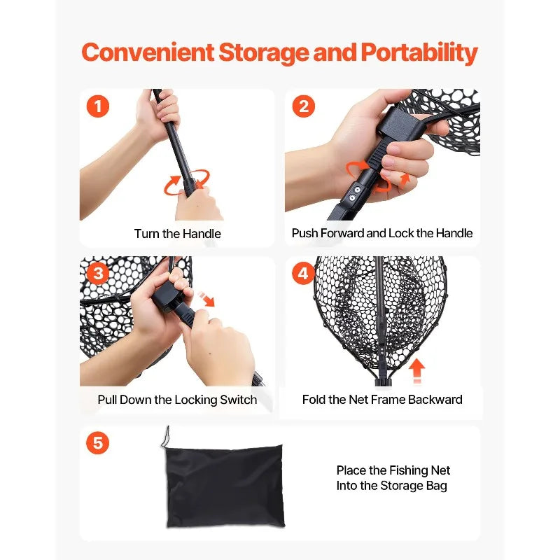 143cm/56.3in fishing net, foldable landing net with telescopic handle, lightweight and sturdy 6063 aluminum fishing gear, fishing net with anti slip telescopic rod handle, foldable fishing net, soft silicone fish friendly net
