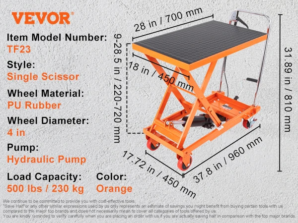 SucceBuy 330/500lbs Hydraulic Lift Table Cart Manual Single Scissor Platform with 4Wheels and Non-slip Pad for Material Handling