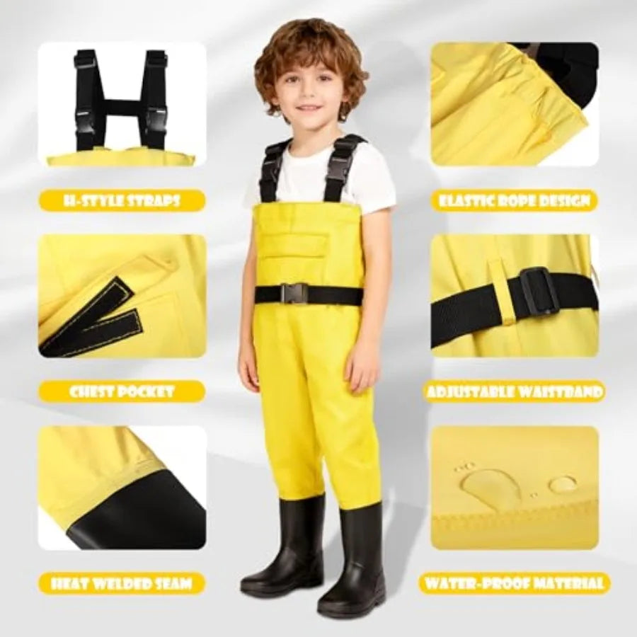 Kids' Chest Waders with Boots, Waterproof & Non-Slip, Ages 5–12, Yellow