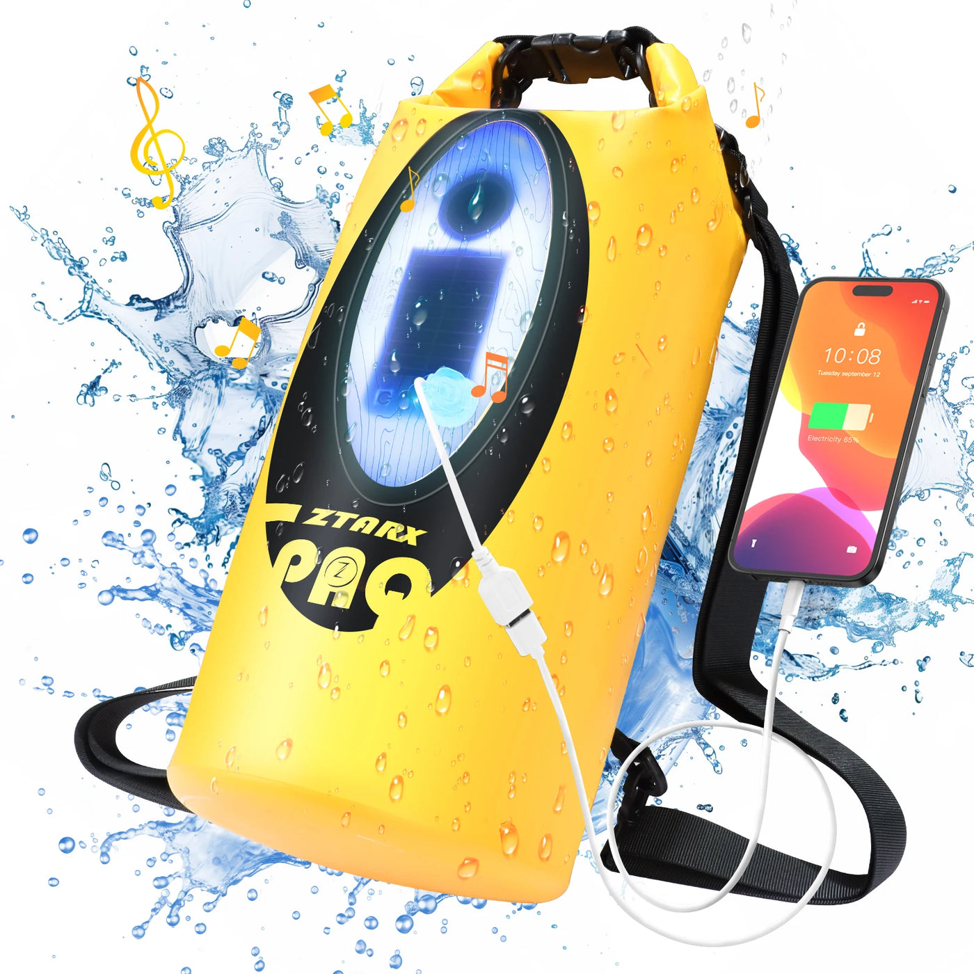 Solar Waterproof Dry Bag with Bluetooth Speaker, RGB Light & USB C