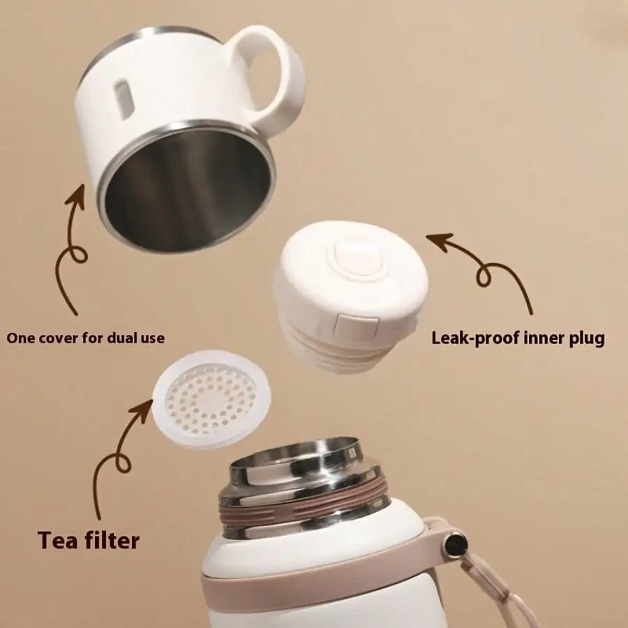 304 Stainless Steel Vacuum Insulated, Portable Thermal Water Bottle With Cup Lid & Carry Strap, Leakproof Hot Cold Flask For Travel Outdoor Office
