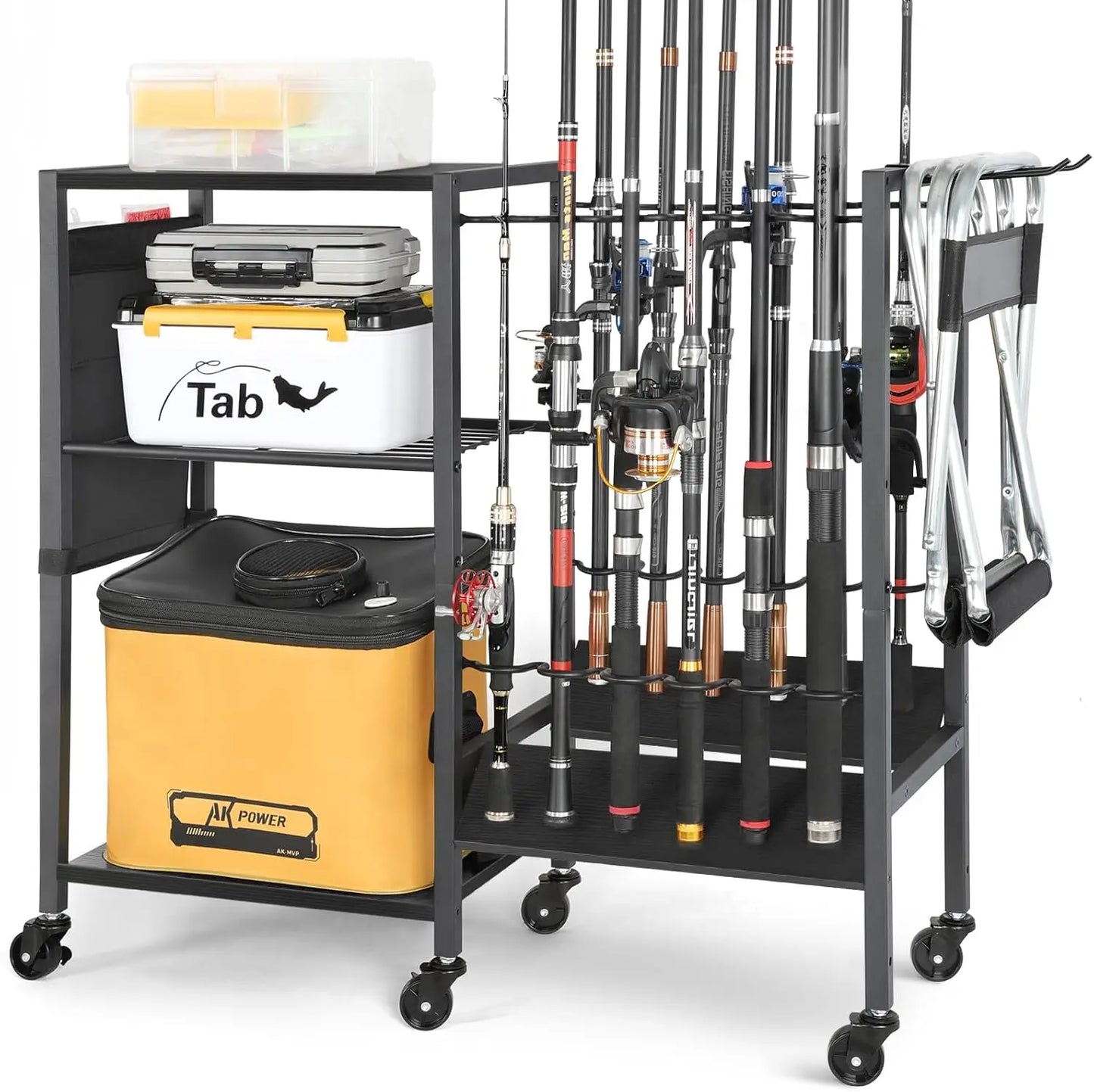 Rolling Fishing Rod Rack for Garage & Boat, Tackle Box & Reel Holder Cart, Easy Assembly Gear Management System, Gift for Dad Anglers