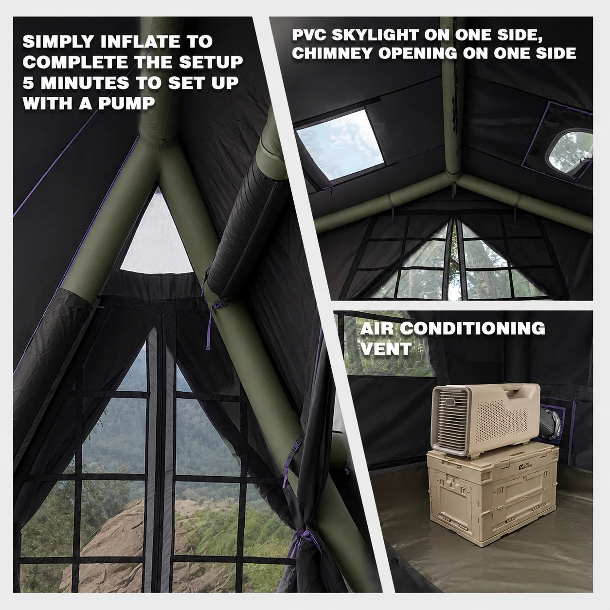 SENLEETO Large Inflatable Camping Tent 4-6 Person with Rain Fly/Canopy,Black Coating Glamping Hot Tent with Stove Jack AC Vent